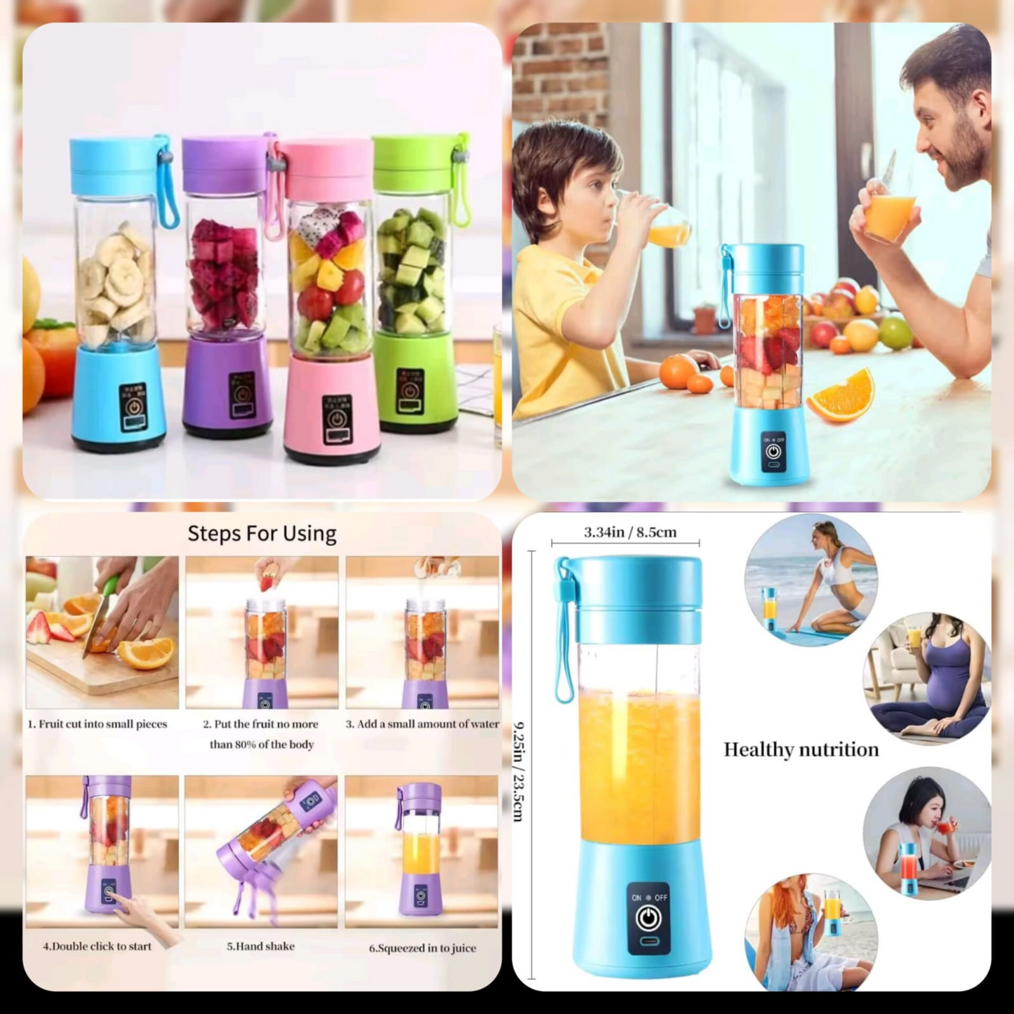 USB Rechargeable Juicer Blender 6 Blades Electric Blender Mini Portable Personal Size Juicer Cup USB Rechargeable Mixer 380ml Food Grade Water Bottle Portable Fruit Juicer Machine (Double Click Start)