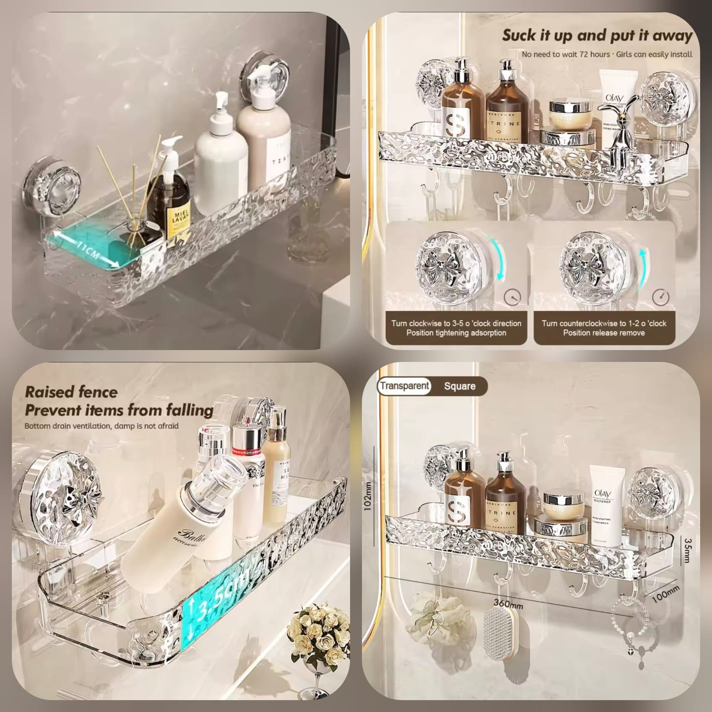 Bathroom Shelves with Suction Cup, Wall Mount Corner Storage Rack, Glacier Pattern, Strong Load-Bearing Cosmetic Shelf