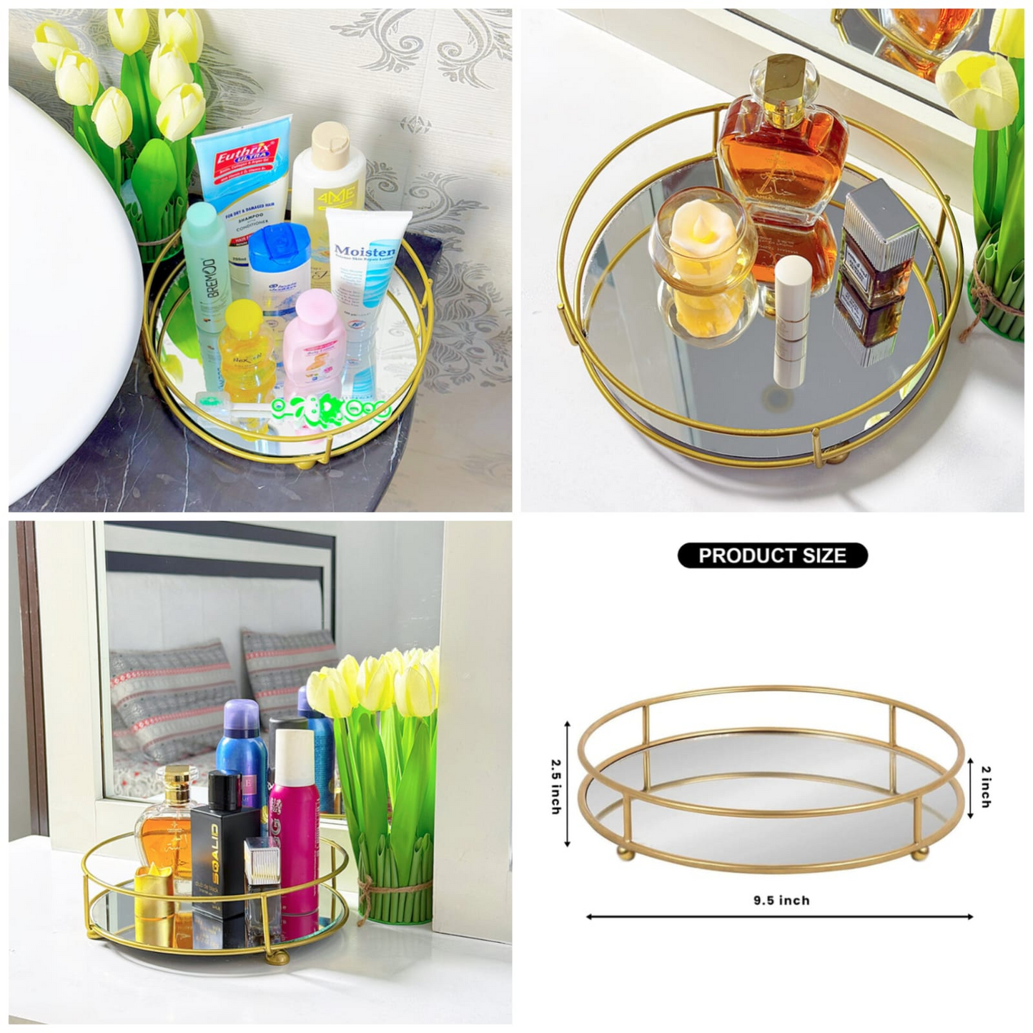 Home Details Modern Round Design Matte Black Mirrored Vanity Tray for Dresser, Perfume, Desk, Cosmetic & Jewelry Organizer,