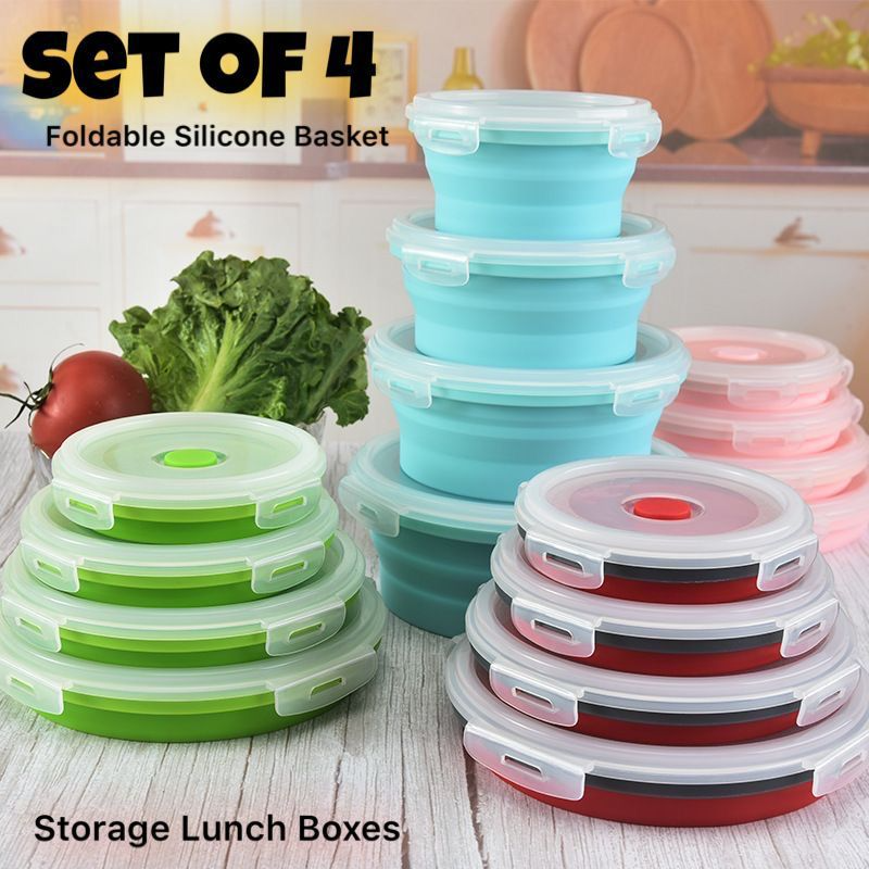 '- Set of 4pcs Foldable/Collapsible Silicone Storage Lunch Boxes (Mix/Random color)