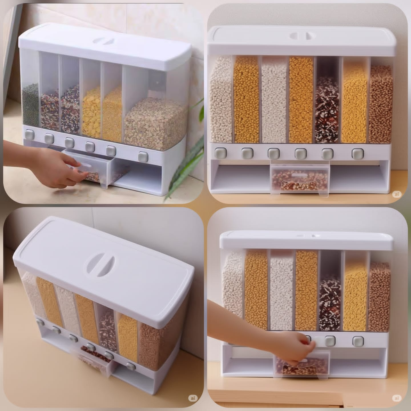 Sealed Rice Storage Box Wall Mounted Cereal Grain Container 6-Grid Dry Food Dispenser Grain Storage Jar Kitchen Storage Tools