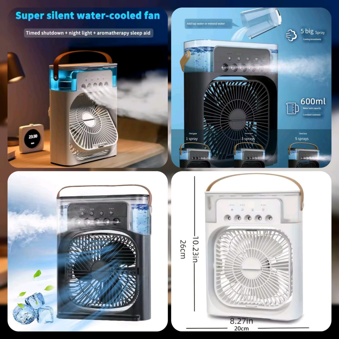 3-in-1 Portable Air Conditioner Fan | USB Mini Air Cooler, Humidifier & Water Mist Fan | LED Night Light | Adjustable Wind Speed | Personal Desktop Cooling Fan for Room, Office & Home