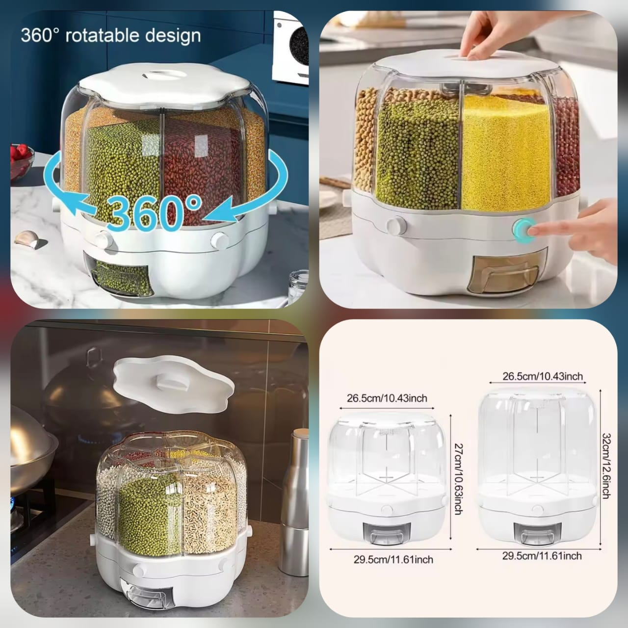 Grain storage box for kitchen, 360° Rotating 1 Kg / half kg Food Dispenser, Multi Grid Rice Storage Box with Easy One Click Dispensing for Kitchen Organization, Rice Dispenser for home uses