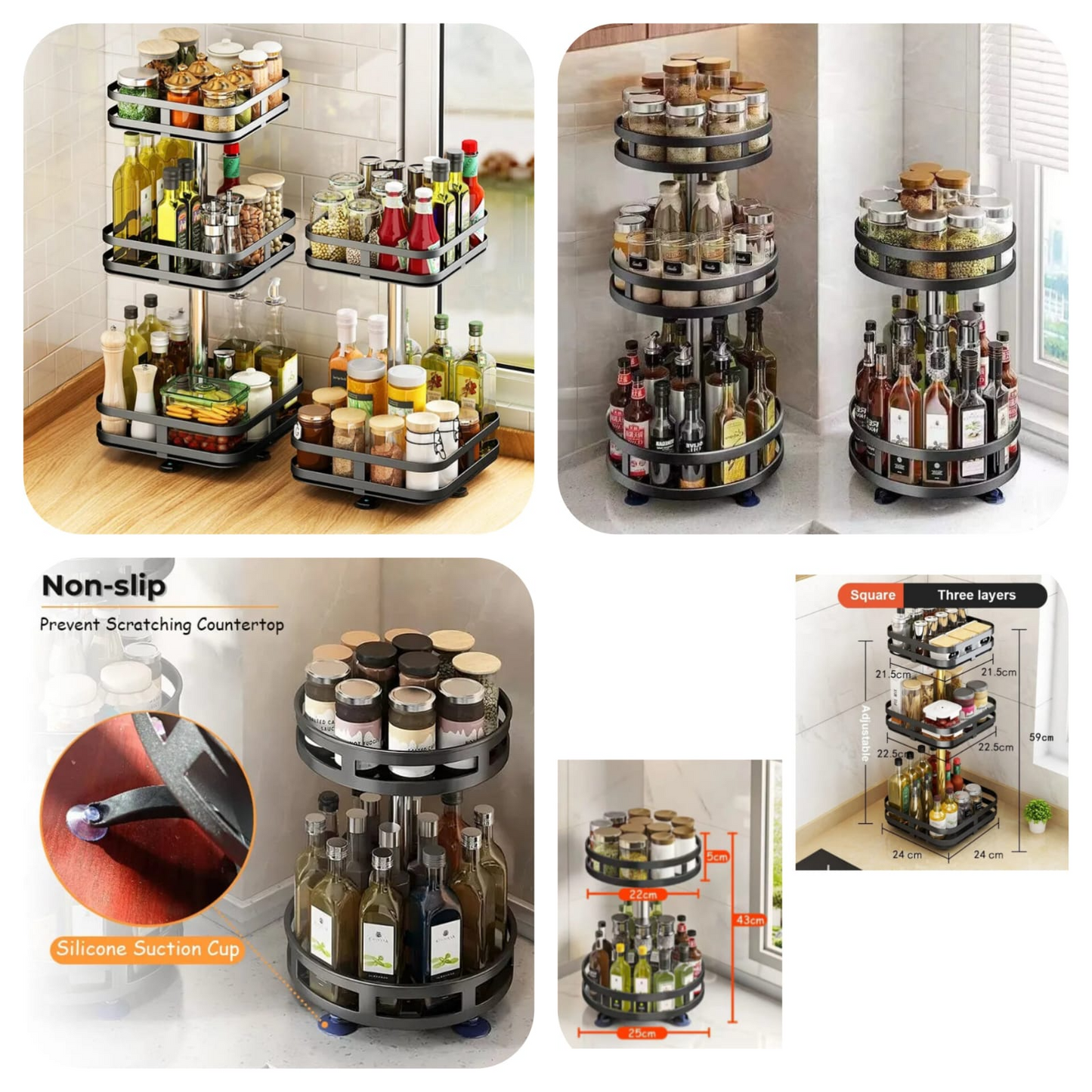 60` Rotating Iron Storage Rack Multifunction Kitchen Storage Organizer