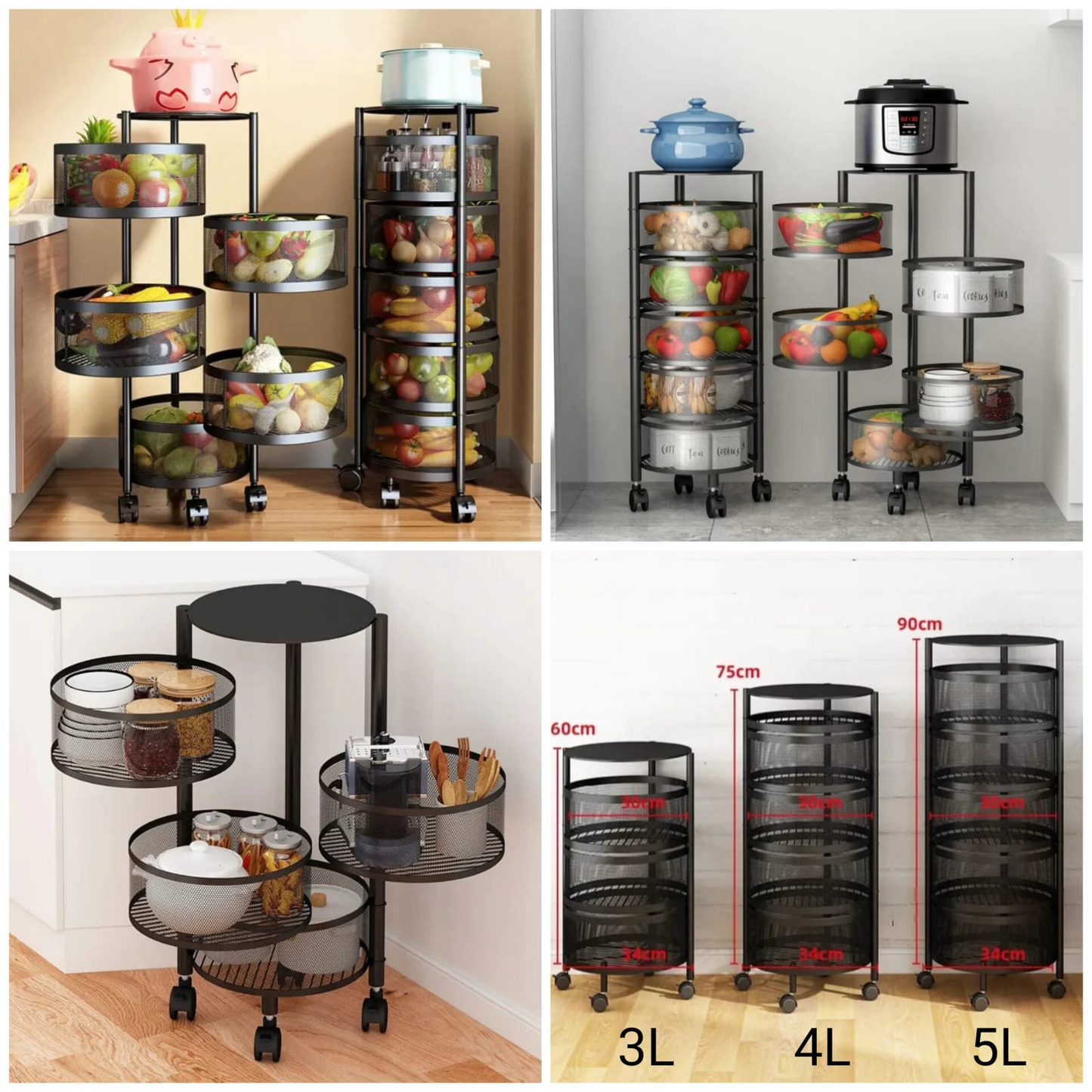 Kitchen Round shape Storage Rack Vegetable Rack 3/4/5 Layer's 360 Degree Movable Cylindrical Kitchen Storage Rack, Closet Storage Rack, Condiment Jars, Vegetable and Fruit Kitchen Storage Trolley for Home/Office