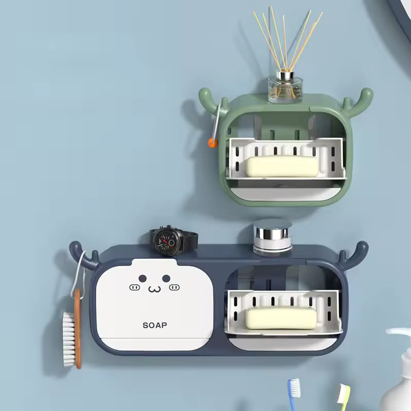 Cartoon Sticking Soap Box, Antler Drain Soap Box with Hook, Wall Mounted Soap Dish, Multipurpose Soap Organizer, Creative Bathroom Household Soap Box Storage Rack