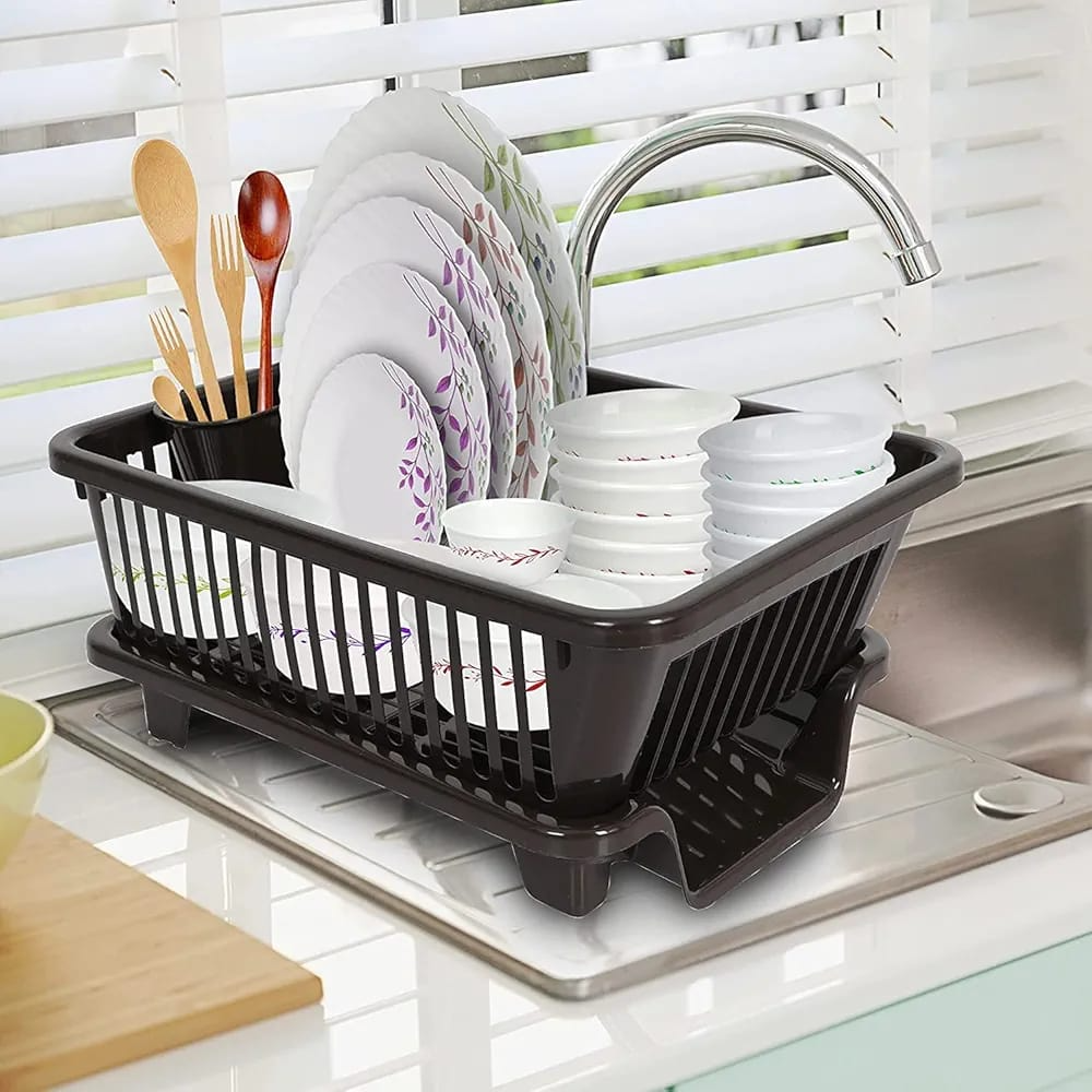 3 in 1 Kitchen Sink Dish Drying Rack Washing Holder Basket Organizer with Drain Tray and Cutlery Holder, Plastic Drainer Basket, Kitchen Dish Rack Holder