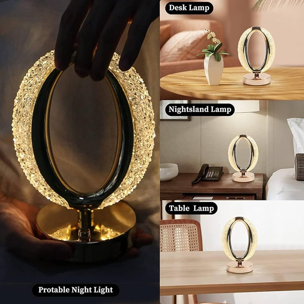 Crystal Table Lamp LED Light O-shaped Dimmable Desk Portable Ambient Night Creative Bedside Small Nightstand for Living Room Bedroom Home