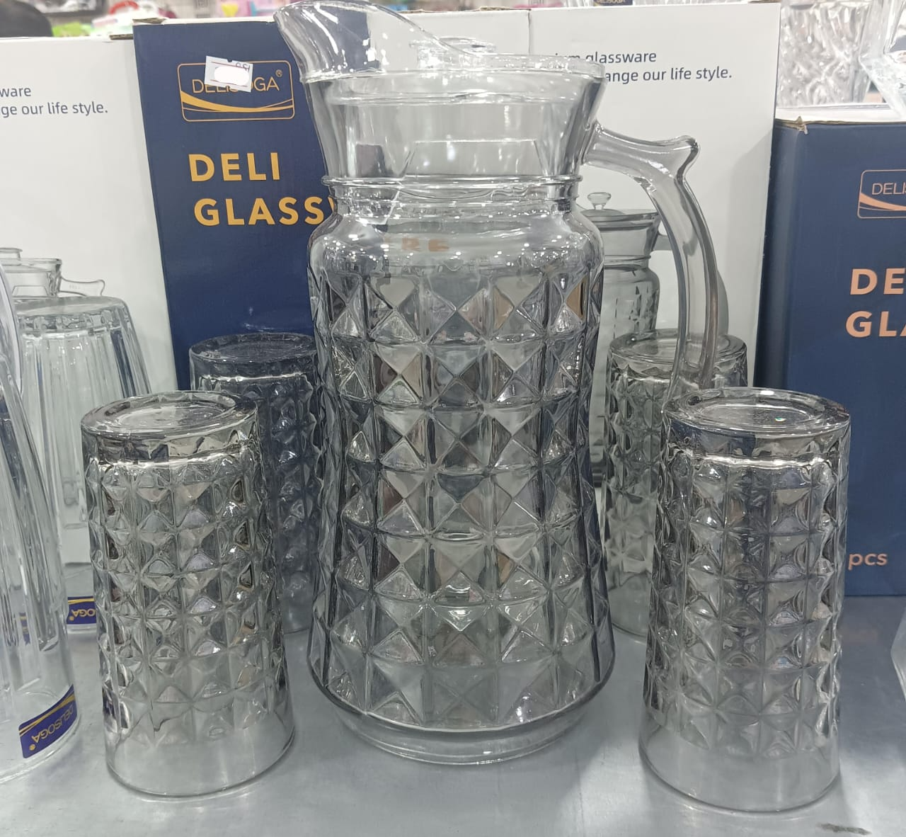 Deli - Delisoga Glassware 7 Piece Glass Pitcher Jug With Tumblers Glasses Water Set Juice Drinkware & Lid