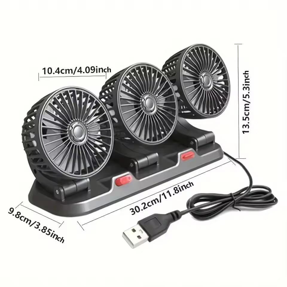 USB Car Fan 12V 24V Car Electric Fan Refrigerator 360° Fan 3 Heads Adjustable 2 Speeds Quiet Refrigerator for RV SUV Truck Dashboard