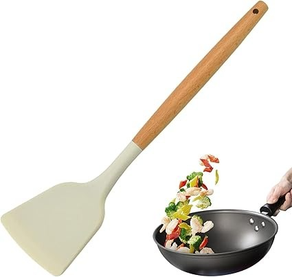 CAROTE Silicone Spatula for Non Stick Pan, BPA Free Turner, Heat-Resistant Omlette Spatula, Wooden Spatula for Kitchen, 32cm