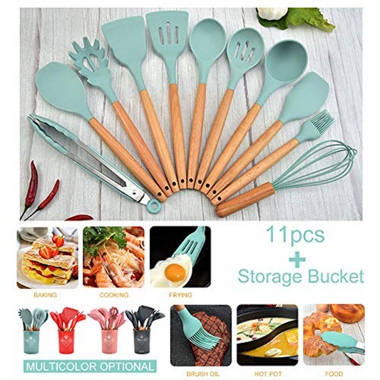 12Pcs-Silicone Kitchenware Set Kitchen Utensils Cooking Sets Non-stick Spatula Silicone Kitchen Tools with Wooden Handle Heat Resistant Non-Toxic BPA Free