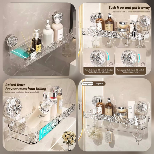 Bathroom Shelves with Suction Cup, Wall Mount Corner Storage Rack, Glacier Pattern, Strong Load-Bearing Cosmetic Shelf