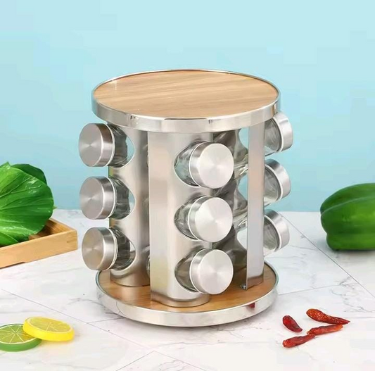 360• ROTATING CAROUSEL SPICES JAR SQUARE AND ROUND STEEL BODY WITH TOP AND BOTTOM BAMBOO WOOD