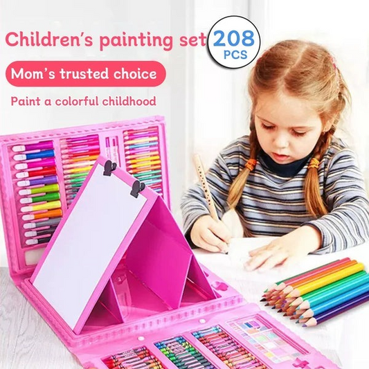 208 Pieces Double Sided Trifold Easel Art Set Portable Art Supplies Drawing Set Box With Oil Pastels Crayons Colored Pencils Markers Paint Brush Sketch Pad For Kids Gift