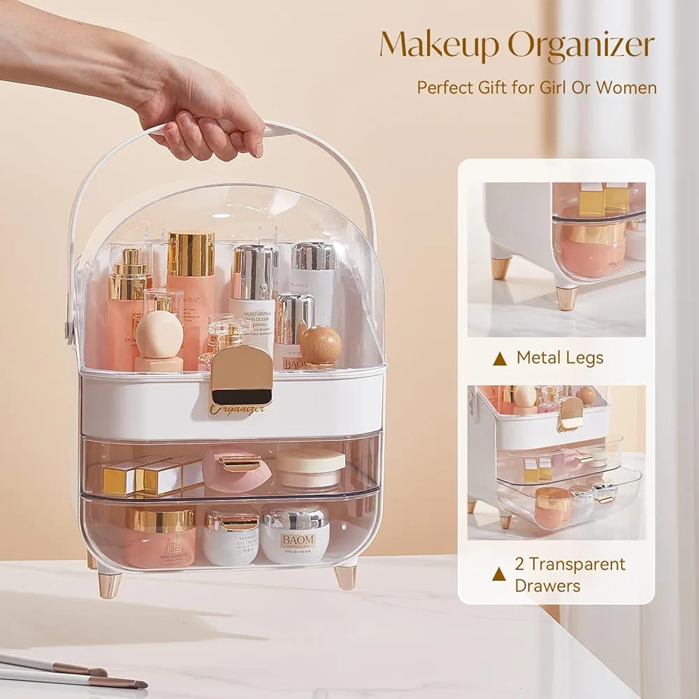 Makeup Storage Organizer with Lid, Waterproof Cosmetics Skincare Organizer for Vanity, Portable Makeup Storage Box for Countertop, Gift.