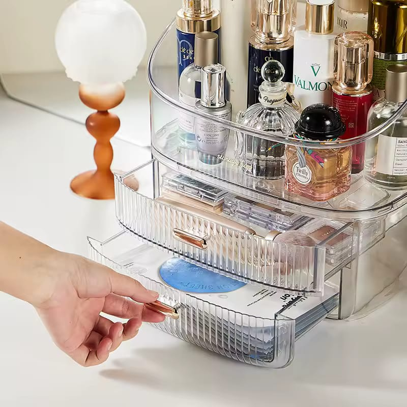 Creative Desktop Makeup Cosmetics Storage Organizer Transparent Full Open Design Crystal Plastic Makeup Storage Organizer Makeup Brushes Lipsticks Perfume Storage Organizer