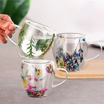 Best Quality Beautiful Double Wall Glass Flowers Particales Drink Mug, Heat Resistant Tea Cups, Coffee Mugs for Beverages Latte Milk, Various Designs sizes