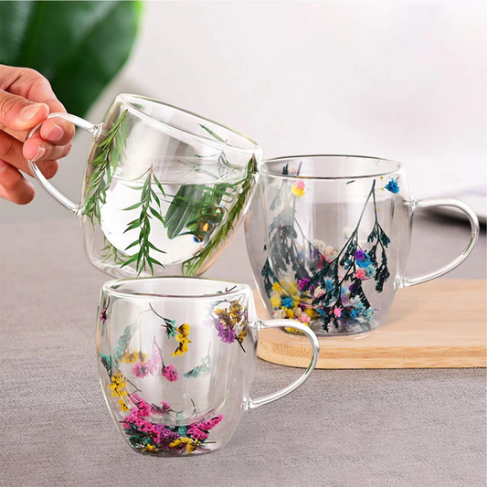 Best Quality Beautiful Double Wall Glass Flowers Particales Drink Mug, Heat Resistant Tea Cups, Coffee Mugs for Beverages Latte Milk, Various Designs sizes