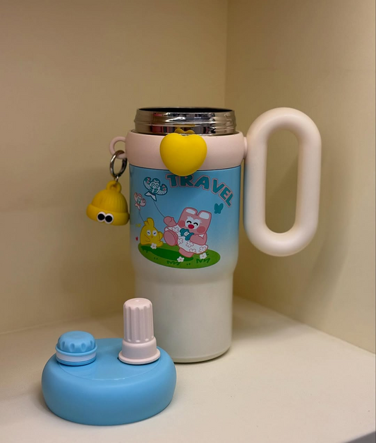 🔔 Limited Time OFFER! Personalize this product for FREE  Rainbow Sip Tumbler – 1000ML | Cute Kawaii Style with Dual Lids & Handle 🌈🧸💧