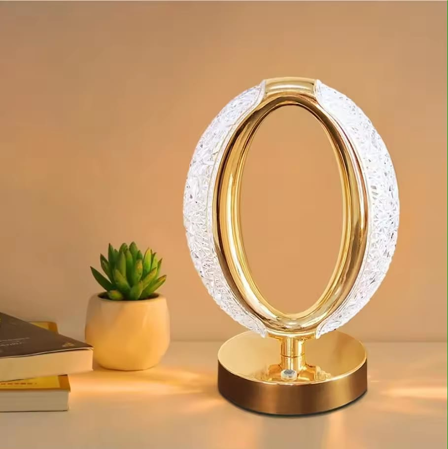 Crystal Table Lamp LED Light O-shaped Dimmable Desk Portable Ambient Night Creative Bedside Small Nightstand for Living Room Bedroom Home