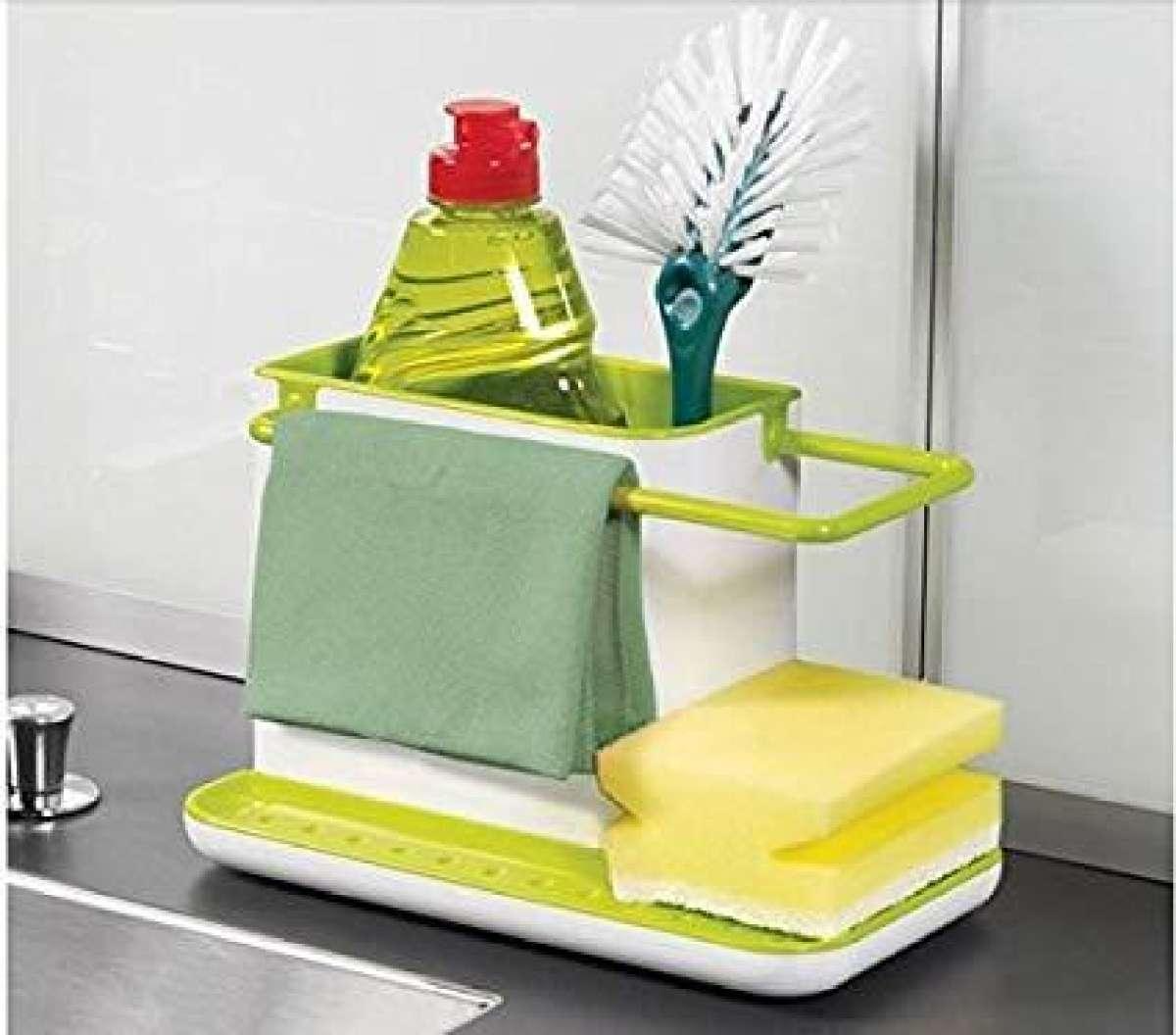 3 in 1 Kitchen Sink Organizer Stand Sink Draining Holder Towel Rack Storage Box (for Dishwasher Liquid, Brush, Cloth, Soap, Sponge)