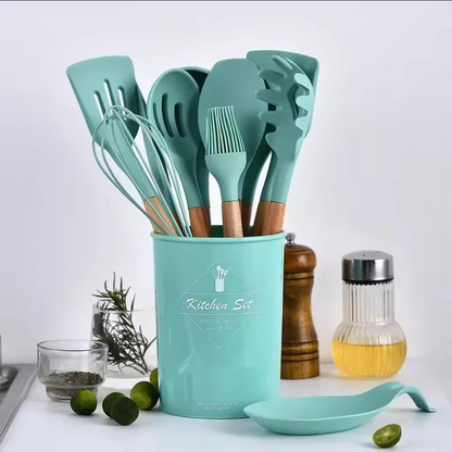 WONWI 12 Piece Silicone Cooking Utensil Set with Wooden Handles and Bucket, Nonstick BPA Free & Heat Resistant - Multicolor