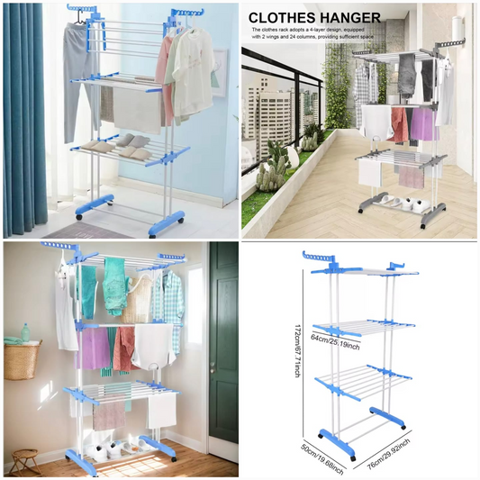 Folding Clothes Dryer Hanger: Three-layer Floor Standing Coat Rack with Wheels Space-Saving Clothes Hanging & Drying Solution.