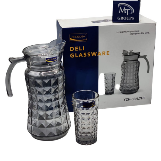 Deli - Delisoga Glassware 7 Piece Glass Pitcher Jug With Tumblers Glasses Water Set Juice Drinkware & Lid