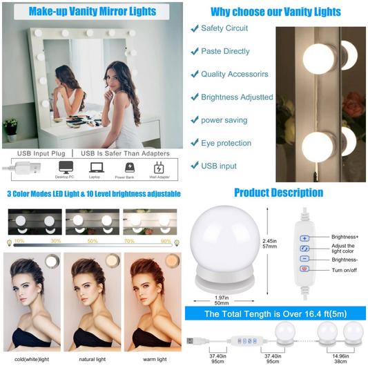 Face Value 12 Watts Vanity Lights for Mirror 10 Bulbs Dimmable Color and Brightness Stick on Mirror, Hollywood Style Led Makeup Light kit for Mirrors, White - Mirror Not Included