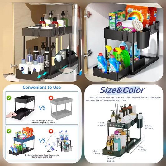 YunNasi 2 lyers Under Sink Storage Cupboard Organiser Kitchen Storage Organisation 2-Tier Pull Out Kitchen Storage Home Organisation Sliding Basket Condiments Organiser