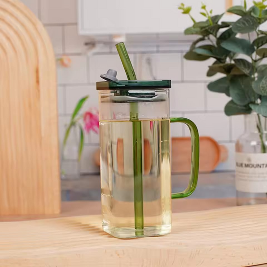 Random Color 400ml Square Glass Mug With Handle, Straw & Lid, Drinking Glass, Adorable Glass Cups with Lids and Straw, Glass Tumbler Coffee Cup Coffee Mug