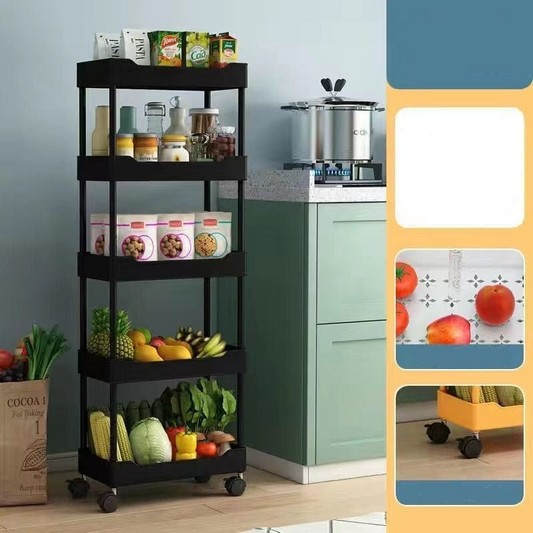 Multi-Purpose Kitchen Storage Trolley Rack with 5-Tier Shelves | Rolling Utility Cart with Wheels | Portable Plastic Storage Shelf for Vegetables, Fruits, Spices, and Toiletries | Bathroom Organizer for Baby Snacks | Office Supplies Storage