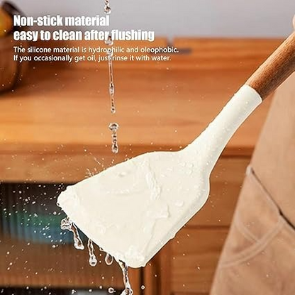 CAROTE Silicone Spatula for Non Stick Pan, BPA Free Turner, Heat-Resistant Omlette Spatula, Wooden Spatula for Kitchen, 32cm