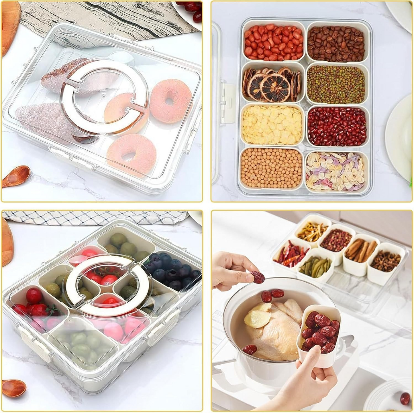 Snack Box Container, Clear Portable Candy Storage Containers, 8 Compartment Divided Serving Tray with Lid and Handle, Veggie Fruits Nuts Snacks Candies Organizer Perfect for Holidays Picnic Party
