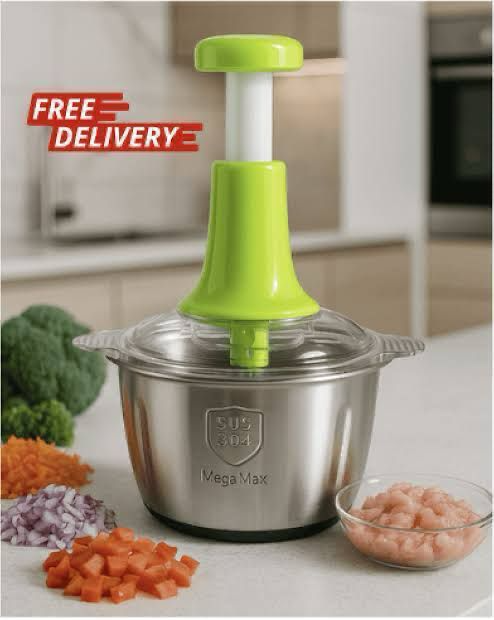 Multifunctional Manual Stainless Steel Bowl Hand Push Chopper with 4 Curved Stainless Steel Blades For Vegetables & Meat 2L