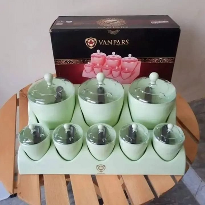 Vanpars Stylish 8 Pcs Multipurpose Spices Masala Box Seasoning Rack Organizer Set with Stand and Spoon for Kitchen