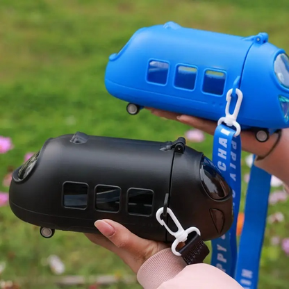 Leakproof Large Capacity Cute Bus Sports Water Bottle Cute Cartoon Design, BPA-Free for Outdoor Activities with Straw and Adjustable Strap (Cute Bus, Black)