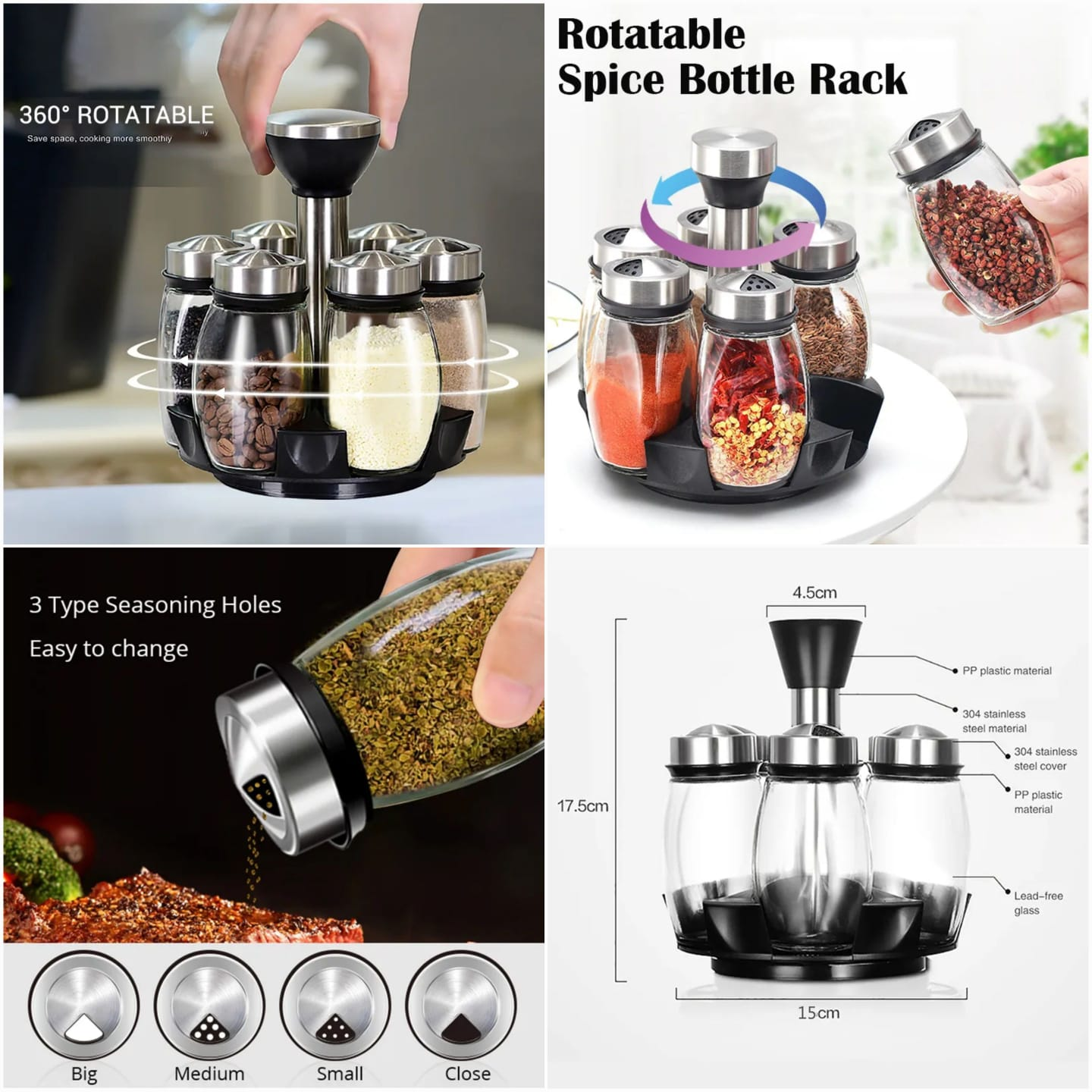6 Pcs Rotating Spice Rack with Revolving Spice Organizer, Glass Seasoning Jar Household Multi-Functional Rotating Storage box