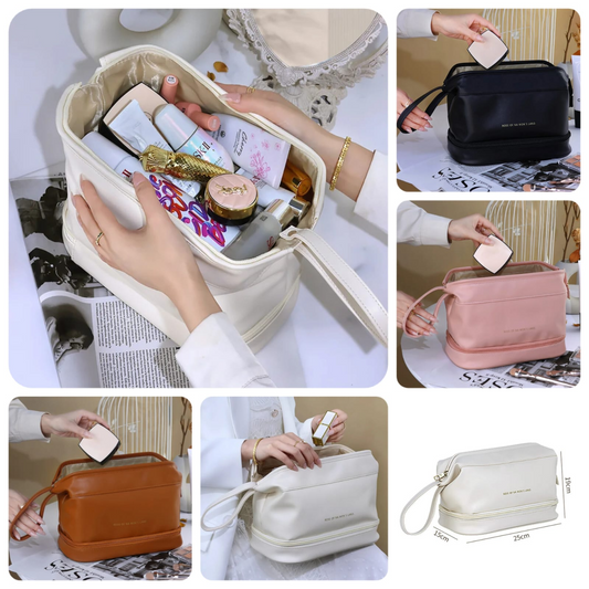 Portable Skin Care Pouch Double Layer Cosmetic Bag Large Capacity Makeup Bag Make Up Bag Double Layer Leather Cosmetic Pouch