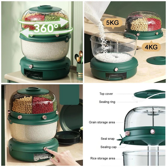 6 Grid Rice and Grain Storage Container Set Upgrade Rotating Separated Sealed Food Dispenser with Lid Kitchen Storage Box,