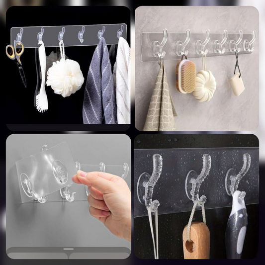 Self Adhesive Wall Mounted Sticky Hooks Strip with 6 Hooks for Kitchen Self Adhesive Transparent 6 Hooks Hanger, Self Adhesive Wall Mounted Sticky Hooks Strip for Kitchen, Transparent Wall Hooks Hanger