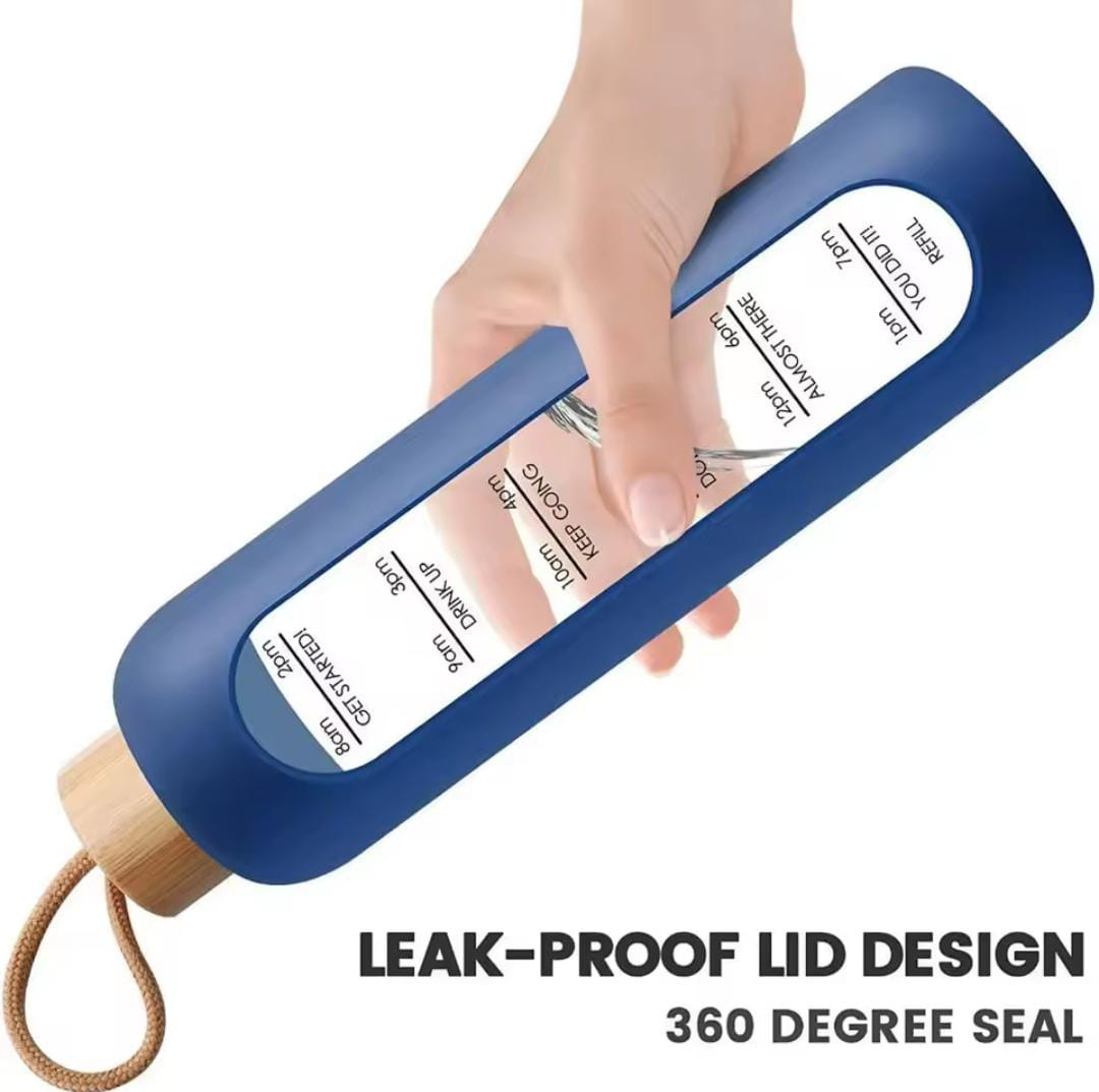 Time-marked Glass Water Bottles Drink Bottle Bamboo Lid 550ml Random Colours