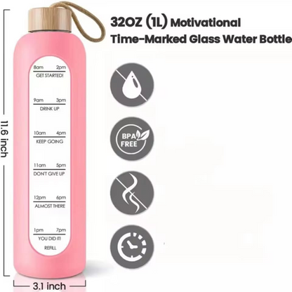 Time-marked Glass Water Bottles Drink Bottle Bamboo Lid 550ml Random Colours