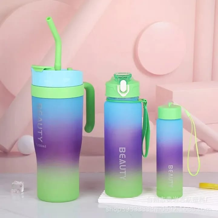 1.2L 3pcs Sets Ice Bar Mug Gradient Color Straw Mug Handheld Tumbler  Random Colours