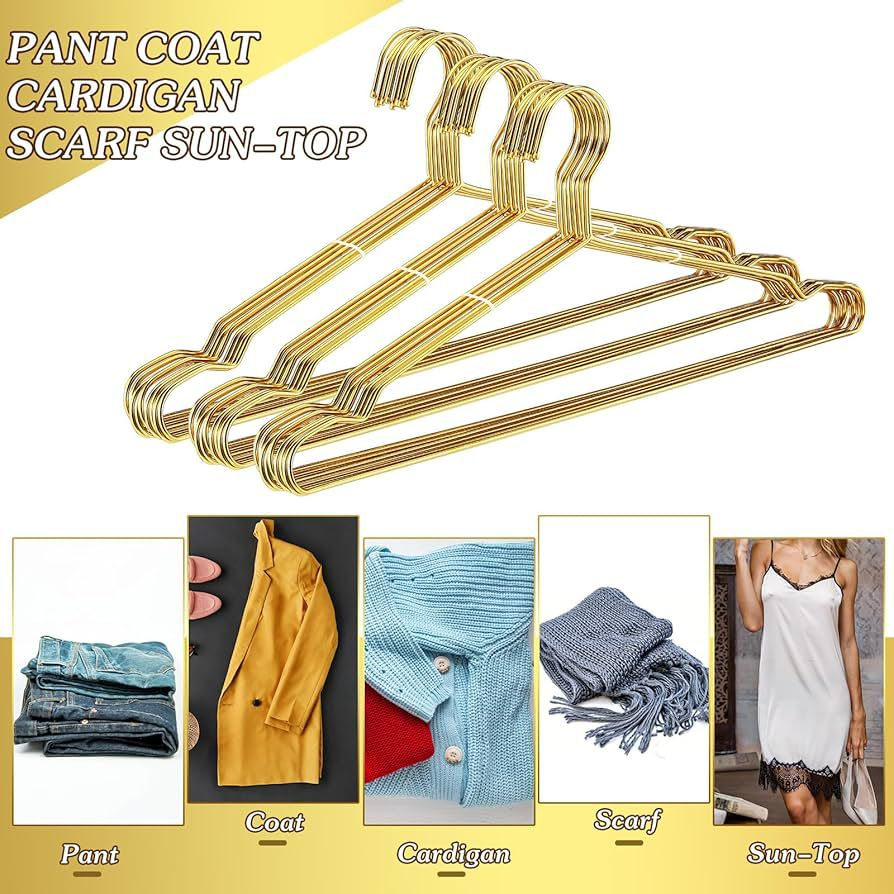 10pcs Gold Stainless Steel Coat Hangers, Metal Clothes Hangers for Adults.and Kids, Non-Slip Closet Organizer Shelf