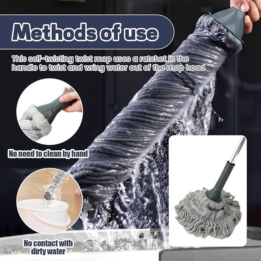 Self Wringing Mop for Floor Cleaning Wet Mop with 50 Inch Long Handle Highly Absorbent Cotton Thread Floor Mop with 2 Reusable Heads for Floor Cleaning for Cleaning Hardwood Tile Marble