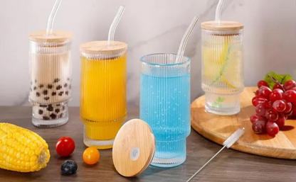 Ribbed Tumbler Glass improted Glass Cups, Model 12oz or 16oz Drinking Glasses with Lids and Glass Straws Glassware for Juice Cocktail Iced Coffee Mugs.,,....