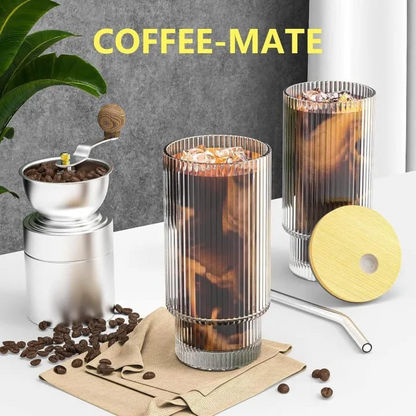 Ribbed Tumbler Glass improted Glass Cups, Model 12oz or 16oz Drinking Glasses with Lids and Glass Straws Glassware for Juice Cocktail Iced Coffee Mugs.,,....