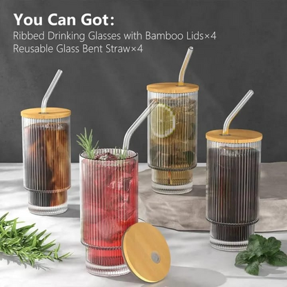 Ribbed Tumbler Glass improted Glass Cups, Model 12oz or 16oz Drinking Glasses with Lids and Glass Straws Glassware for Juice Cocktail Iced Coffee Mugs.,,....